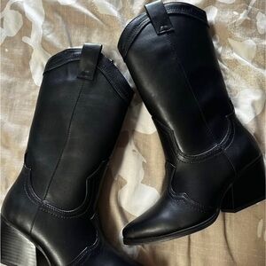 Black Leather Mid-Calf Western Boot - Women NEW